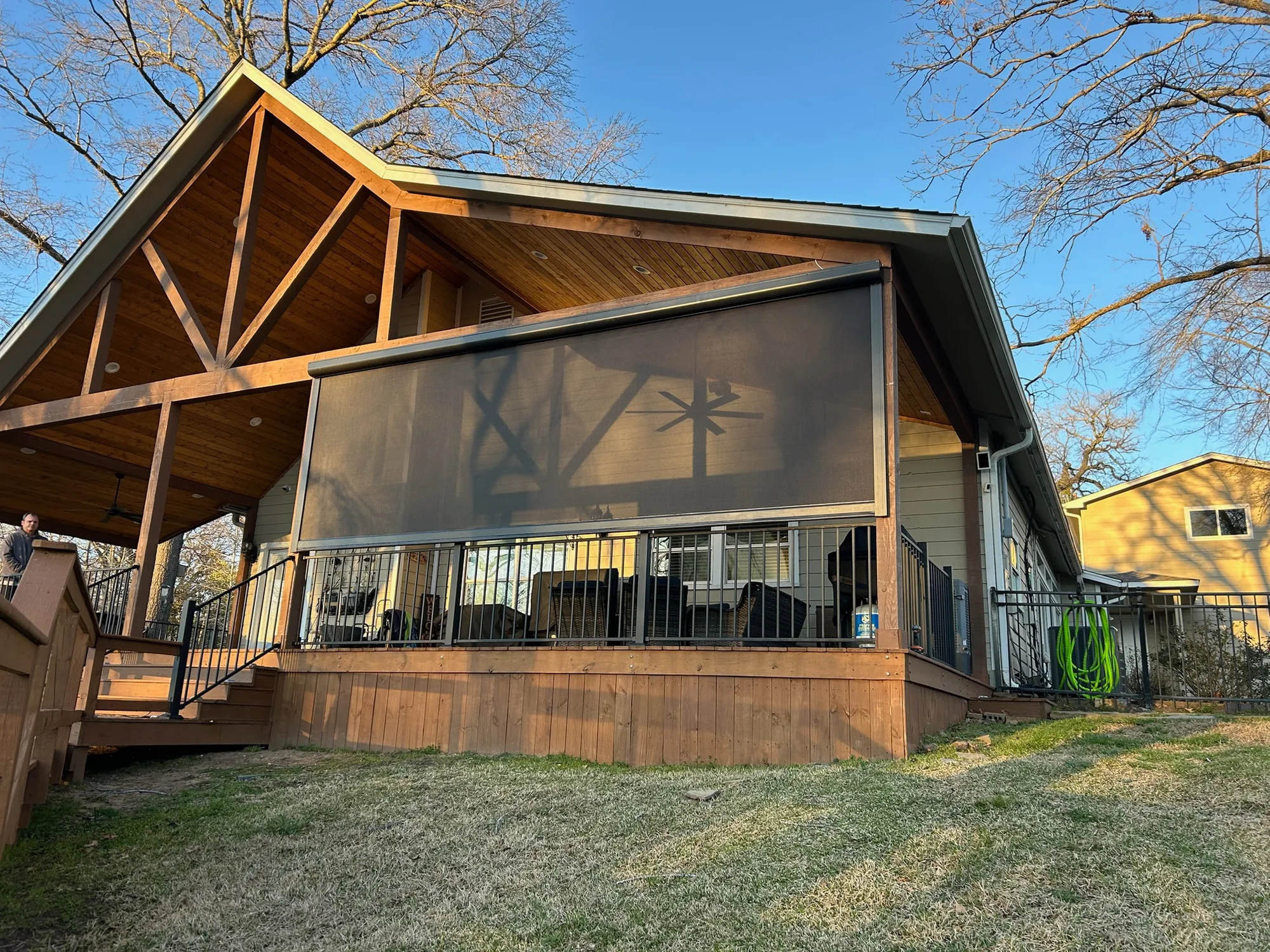 Exterior patio shades on a covered Texas porch