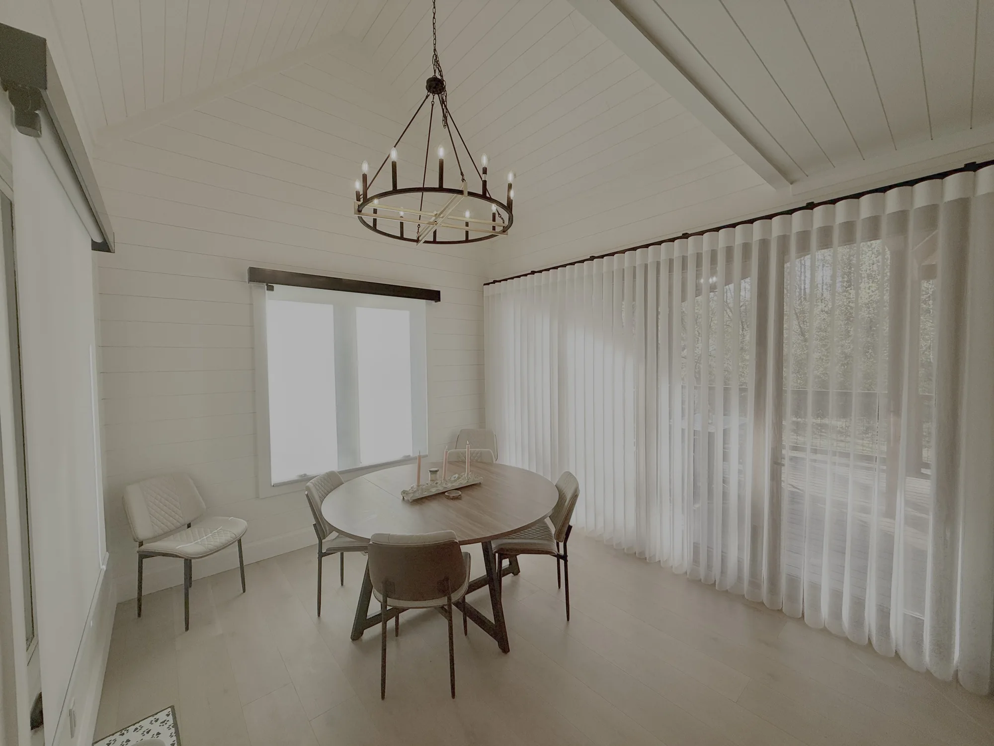 Drapery and motorization in a finished Love Is Blinds installation